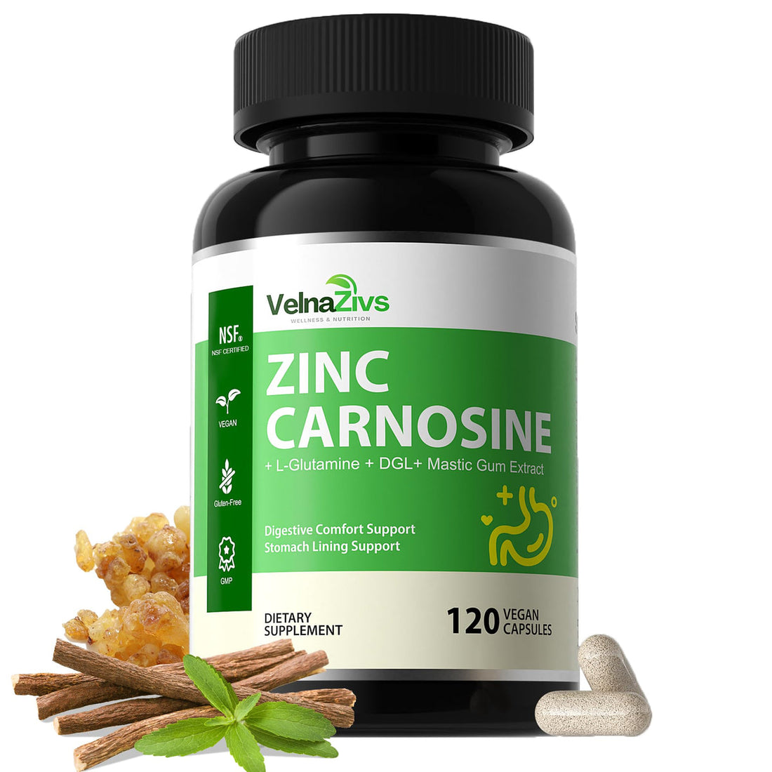 Zinc Carnosine & Mastic Gum Capsules with DGL Gut Lining Supplement 120 Ct